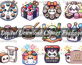 Kawaii Sushi New Year Clip Art: Festive Japanese Designs (Digital Download)