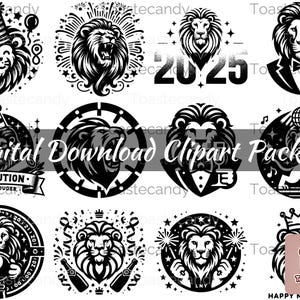 Lot de cliparts Lion célébration du Nouvel An - Illustrations festives de Lion 2024 avec des thèmes de fête et une touche royale
