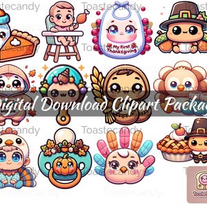 Adorable paquete de imágenes prediseñadas de Acción de Gracias con pavos kawaii y bebés adorables de otoño para manualidades, invitaciones y proyectos digitales