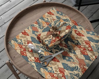 Japanese Patchwork Waves Pattern Gift Wrap Paper | Floral Kimono Motif