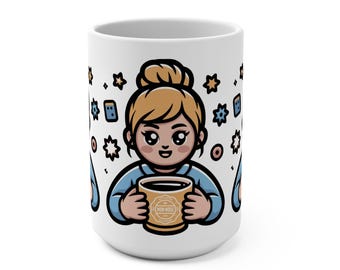 Mamá acogedora tomando café en una taza / Linda ilustración de café Modo mamá: Activado