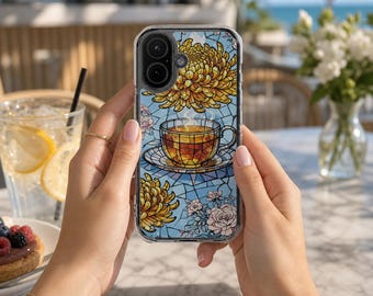Stained Glass Tea Cup phone case | Magnetic Clear Impact Case 15 16 17 iPhone case