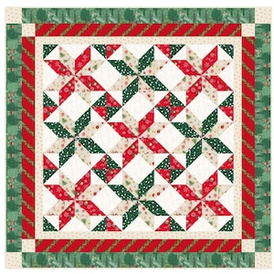 May include: A square quilt featuring a repeating star pattern in red, green, and cream fabric. The design includes alternating star points with holiday-themed prints, surrounded by a red and green striped border and a green outer border.