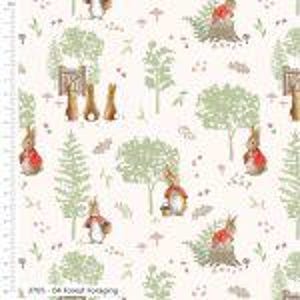 May include: A white fabric featuring a repeating pattern of rabbits wearing red jackets, green trees, and foliage. A vertical ruler is visible on the left edge, showing measurements in cm. The text 3705 - ON FOREST FORAGING is printed at the bottom.