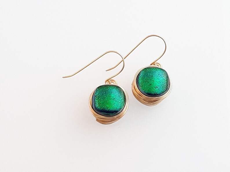 Iridescent Earrings Striking Green Dichroic Glass Earrings