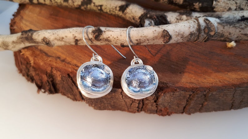 Bridesmaid Earrings Dichroic Silver Wire Wrapped Earrings Dangle Hook Earrings,Fused Glass Earrings Space Heady trippy jewelry