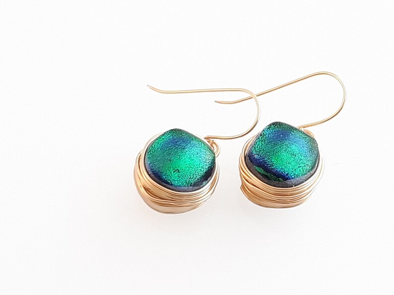 Iridescent Earrings Striking Green Dichroic Glass Earrings