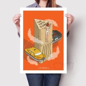 May include: A minimalist poster with an orange background featuring a scene from the movie "The Fifth Element". The poster depicts a woman in a white outfit standing on a stone pillar, a yellow flying taxi, and a police car. The text "The Fifth Element" is written on the pillar, and the text "A Luc Besson Film" is at the bottom of the poster.