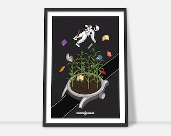 Puede incluir: Una ilustración en blanco y negro de un astronauta flotando en el espacio con libros y plantas que crecen de un reloj. El texto "A Christopher Nolan Film" está en la parte inferior de la imagen.