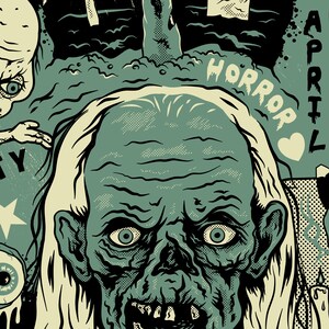 K&ouml;nnte beinhalten: Eine gr&uuml;ne und wei&szlig;e Illustration eines Zombies mit einer gro&szlig;en Stirn und gro&szlig;en Augen. Der Zombie hat einen gro&szlig;en Mund mit Z&auml;hnen und ist von einem gr&uuml;nen und wei&szlig;en Hintergrund umgeben. Der Text "HORROR" ist in wei&szlig;er Schrift auf gr&uuml;nem Hintergrund geschrieben.