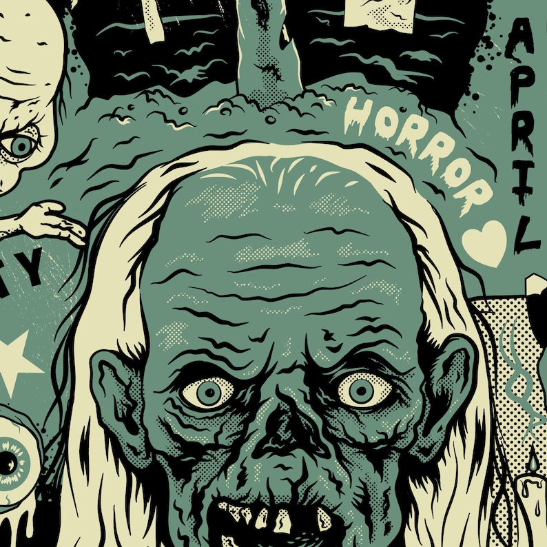 K&ouml;nnte beinhalten: Eine gr&uuml;ne und wei&szlig;e Illustration eines Zombies mit einer gro&szlig;en Stirn und gro&szlig;en Augen. Der Zombie hat einen gro&szlig;en Mund mit Z&auml;hnen und ist von einem gr&uuml;nen und wei&szlig;en Hintergrund umgeben. Der Text "HORROR" ist in wei&szlig;er Schrift auf gr&uuml;nem Hintergrund geschrieben.