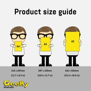 May include: A size guide for prints, showing three different sizes of paper: A4, A3, and A2. The paper is yellow and held by a cartoon character wearing glasses. The measurements are listed in inches and millimeters.
