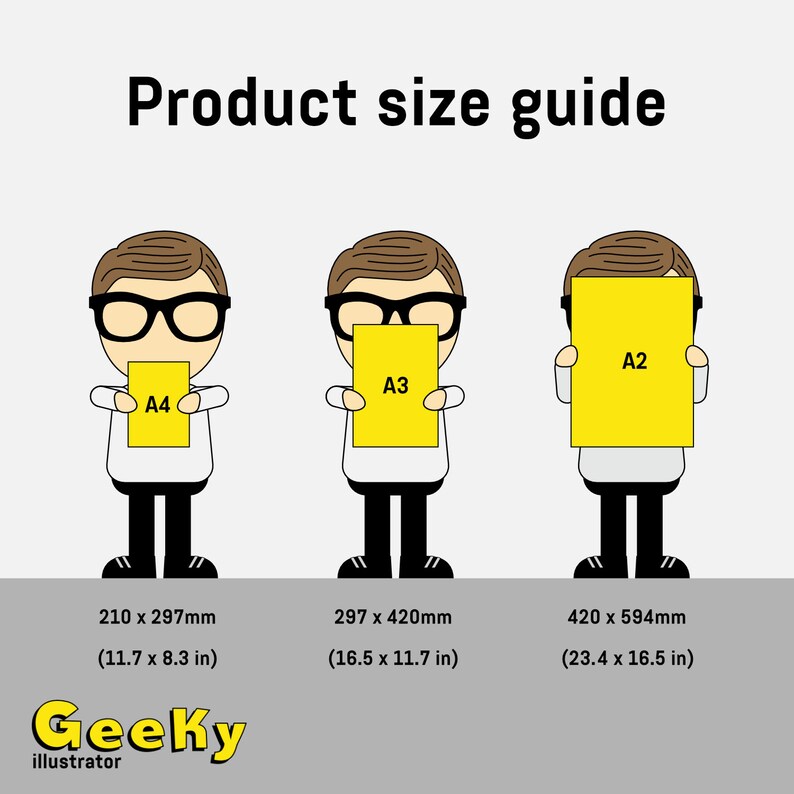 May include: A size guide for prints, showing three different sizes of paper: A4, A3, and A2. The paper is yellow and held by a cartoon character wearing glasses. The measurements are listed in inches and millimeters.