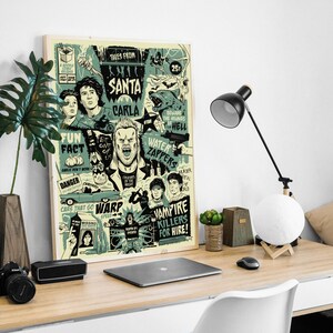 Puede incluir: Un p&oacute;ster ilustrado verde y blanco con el texto "Tales from Santa" y "Carla" en un estilo vintage. El p&oacute;ster presenta una variedad de ilustraciones, incluyendo un hombre lobo, un vampiro, un monstruo y un coche. El p&oacute;ster tambi&eacute;n incluye el texto "Fun Fact", "Danger", "Cars that go Warp Speed", "Water Zappers", "Vampire Killers for Hire!" y "Beware the Hounds of Hell".