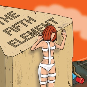 May include: A woman with red hair is standing in front of a large, brown, rectangular block with the words "THE FIFTH ELEMENT" carved into it.