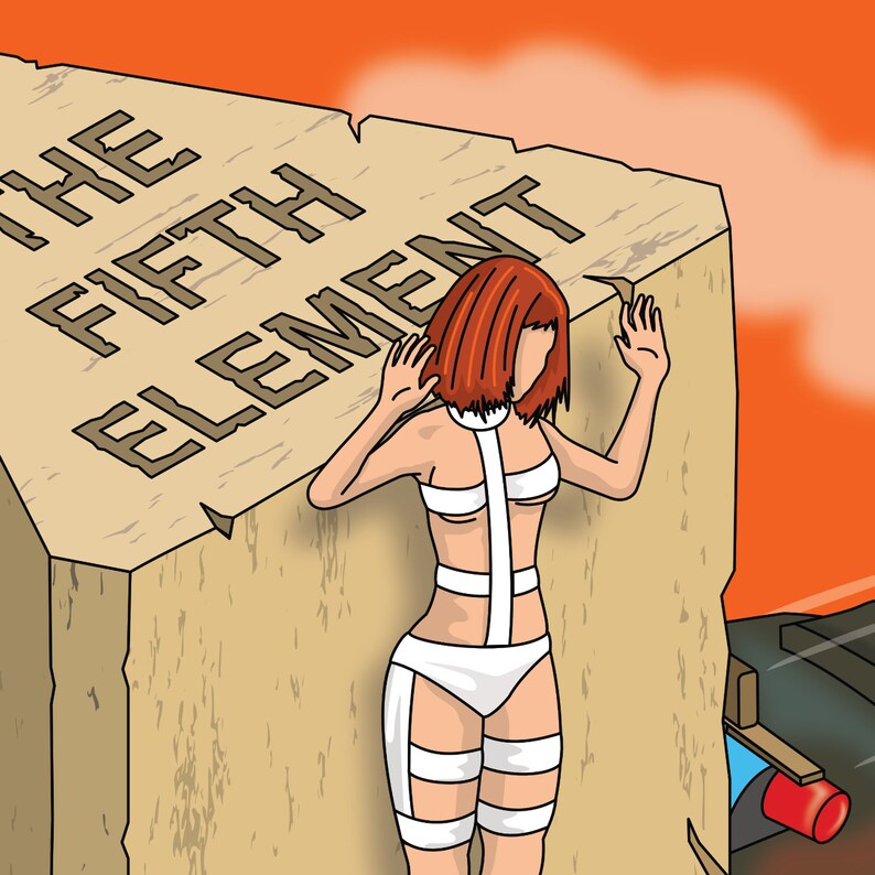 May include: A woman with red hair is standing in front of a large, brown, rectangular block with the words "THE FIFTH ELEMENT" carved into it.
