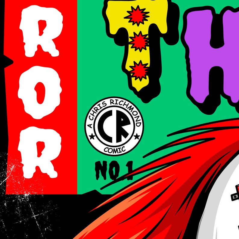 May include: A comic book cover with the words "ROR" in red and "THE" in purple. The cover features a red and white graphic design with a black and white logo that says "A Chris Richmond Comic No. 1".