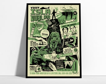 May include: A green and yellow illustrated poster advertising a visit to Isla Nublar, a fictional island home to dinosaurs. The poster features a variety of dinosaurs, including a T-Rex, a Velociraptor, and a Brachiosaurus. The poster also includes text that says "Visit Isla Nublar" and "Friday Special Live T-Rex Feeding".