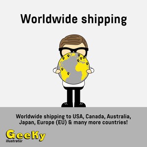 May include: A cartoon illustration of a person holding a globe with yellow continents and gray oceans. The globe has multiple location pins on it. The text "Worldwide shipping" is at the top of the image. The text "Worldwide shipping to USA, Canada, Australia, Japan, Europe (EU) & many more countries!" is at the bottom of the image. The text "Geeky illustrator" is at the bottom of the image.
