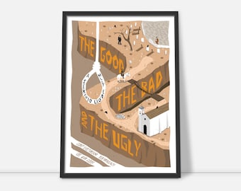 May include: A framed art print featuring an illustrated scene from "The Good, the Bad and the Ugly." The artwork depicts a desert landscape with a gallows, a church, and characters. The title and cast names are printed in a stylized font.