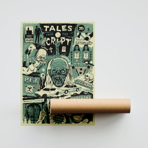 K&ouml;nnte beinhalten: Ein Vintage-Plakat, das f&uuml;r "Tales from the Crypt" wirbt, mit einem gr&uuml;n-schwarzen Farbschema. Das Plakat zeigt eine Vielzahl von Horror-Bildern, darunter ein Monster mit langen wei&szlig;en Haaren, einen Sch&auml;del, ein Auto und eine Frau in einem roten Kleid. Der Text auf dem Plakat lautet "Tales from the Crypt", "Terror", "Horror", "Morty", "Pet Taxidermy", "Iceman", "Santa is visiting you this Christmas!" und "April", "June".