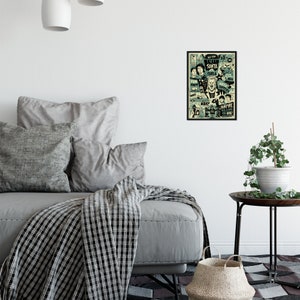 Puede incluir: Un p&oacute;ster de estilo vintage con una combinaci&oacute;n de colores verde y negro. El p&oacute;ster presenta un collage de im&aacute;genes y texto, incluyendo un hombre con barba y un gorro de Pap&aacute; Noel, un vampiro y las palabras "Fun Fact" y "Vampire Killers For Hire".