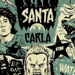 Puede incluir: Un dise&ntilde;o gr&aacute;fico verde, negro y blanco con las palabras "Santa Carla" y "Star" en letras negritas. El dise&ntilde;o tambi&eacute;n presenta un hombre lobo, un vampiro y una motocicleta.