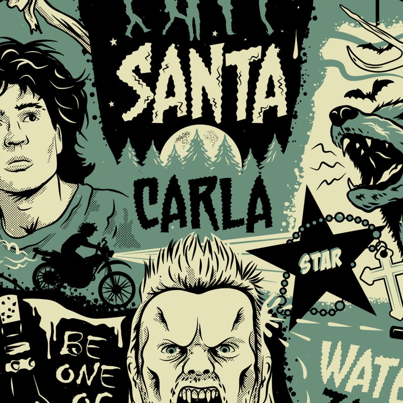 Puede incluir: Un dise&ntilde;o gr&aacute;fico verde, negro y blanco con las palabras "Santa Carla" y "Star" en letras negritas. El dise&ntilde;o tambi&eacute;n presenta un hombre lobo, un vampiro y una motocicleta.