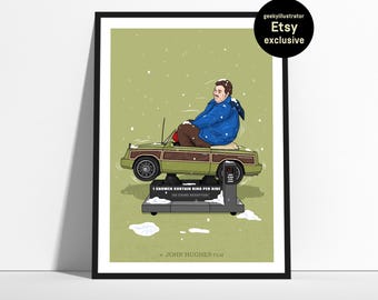 Puede incluir: Ilustración de un hombre con una chaqueta azul sentado en un coche familiar sobre una báscula. La imagen incluye el texto "1 Anilla de Cortina de Ducha Por Viaje" y "¡No se Aceptan Monedas!" La obra está etiquetada como "A John Hughes Film".