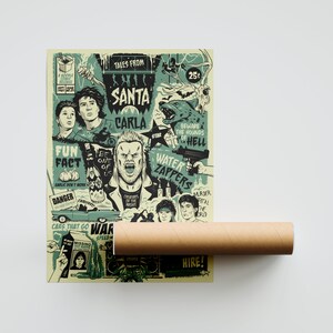 Puede incluir: Un p&oacute;ster de estilo vintage con un esquema de color verde y blanco que presenta un collage de im&aacute;genes y texto. El p&oacute;ster incluye las palabras "Tales from Santa Carla" y "Water Zappers".