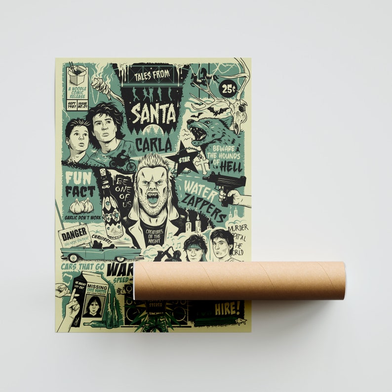 Puede incluir: Un p&oacute;ster de estilo vintage con un esquema de color verde y blanco que presenta un collage de im&aacute;genes y texto. El p&oacute;ster incluye las palabras "Tales from Santa Carla" y "Water Zappers".
