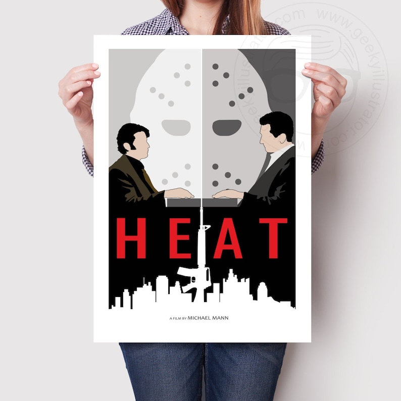 May include: A minimalist poster design for the film "HEAT" featuring a black and white image of two men facing each other with a hockey mask in the middle. The text "HEAT" is in red letters and the words "A film by Michael Mann" are at the bottom of the poster.