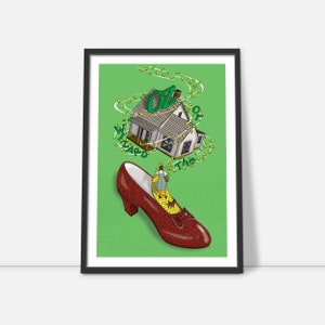 May include: A green background with a red shoe with a yellow brick road inside. A small white house with a green roof is floating above the shoe. The text "Wizard of Oz" is written in green letters around the house.