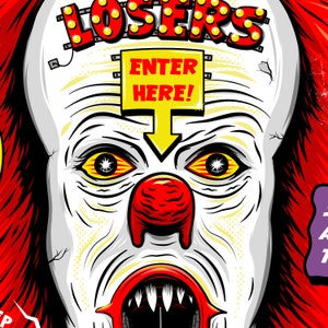 May include: A close-up of a scary clown's face with a red nose and a wide open mouth showing sharp teeth. The clown's eyes are wide and yellow with black pupils. The clown's forehead has a yellow sign that reads "ENTER HERE!" with a yellow arrow pointing down.