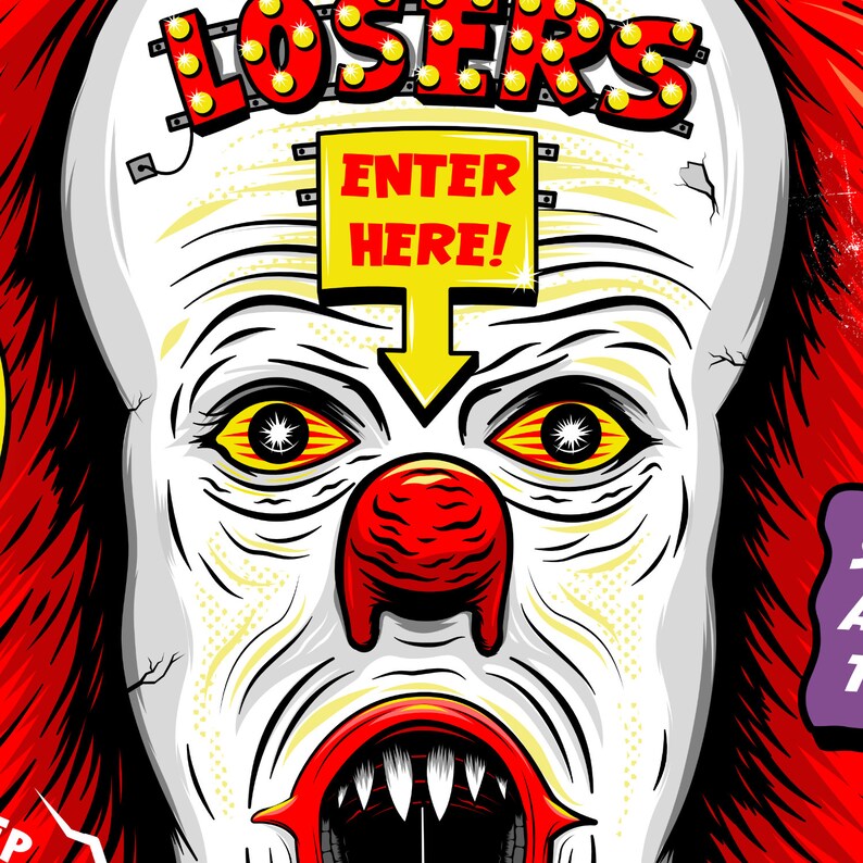 May include: A close-up of a scary clown's face with a red nose and a wide open mouth showing sharp teeth. The clown's eyes are wide and yellow with black pupils. The clown's forehead has a yellow sign that reads "ENTER HERE!" with a yellow arrow pointing down.