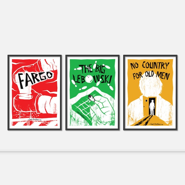 Coen brothers movie poster set-Minimalist movie art, 3 print collection, Fargo print, The Big Lebowski art, No Country for old men poster