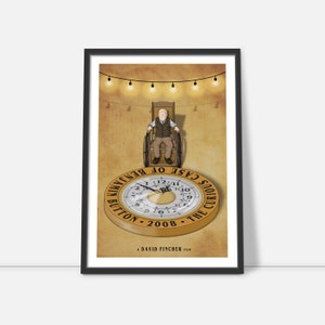 May include: A minimalist poster design for the film "The Curious Case of Benjamin Button" featuring a clock face with a man in a wheelchair sitting on top of the clock. The clock face reads "The Curious Case of Benjamin Button - 2008".
