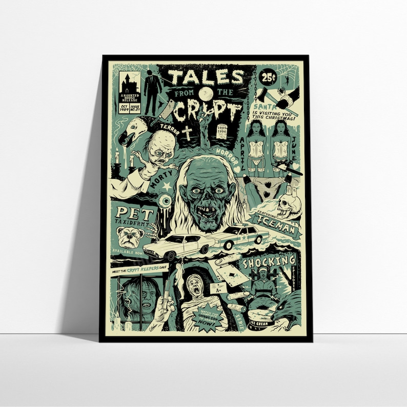 K&ouml;nnte beinhalten: Ein Vintage-Poster in Gr&uuml;n- und Schwarzt&ouml;nen mit einer Collage von Bildern, die mit Horror und der Weihnachtszeit zu tun haben. Das Poster zeigt den Text "Tales from the Crypt" und "Santa is visiting you this Christmas!"