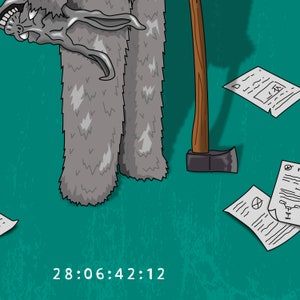 May include: A digital illustration of a gray, furry creature with antlers, holding a large axe. The creature is standing on a teal green background with several pieces of paper scattered around it. The paper has text on it, and the time 28:06:42:12 is displayed at the bottom of the image.