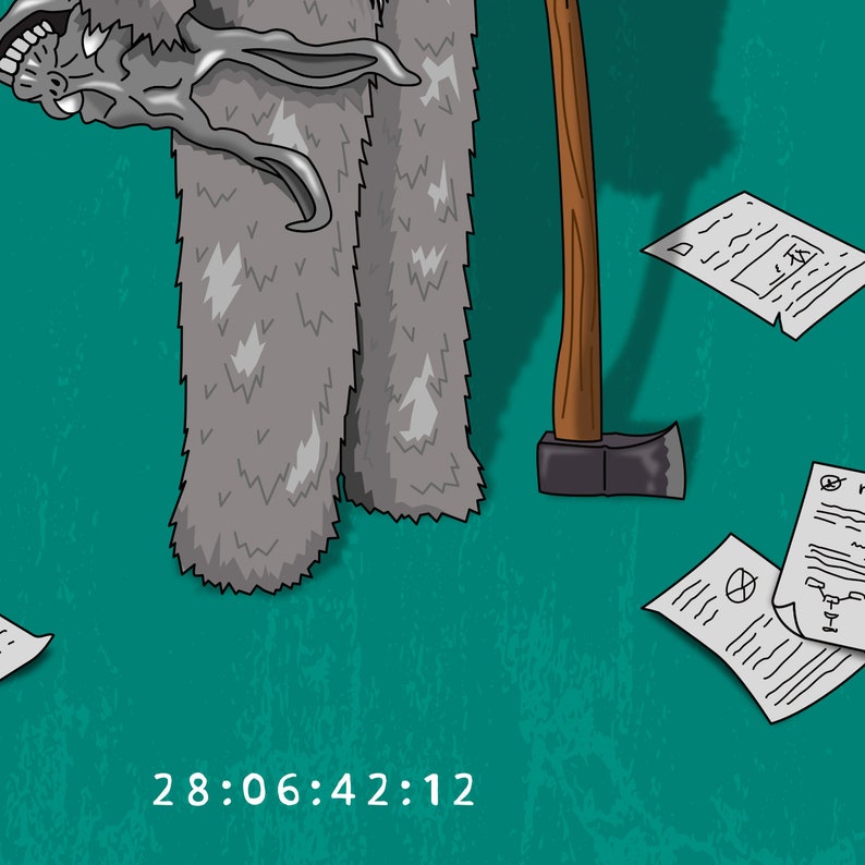May include: A digital illustration of a gray, furry creature with antlers, holding a large axe. The creature is standing on a teal green background with several pieces of paper scattered around it. The paper has text on it, and the time 28:06:42:12 is displayed at the bottom of the image.