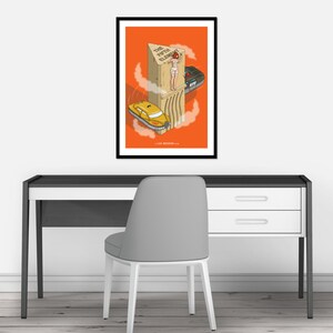 May include: A minimalist poster with an orange background featuring a stylized illustration of a scene from the movie "The Fifth Element". The illustration depicts a woman in a white outfit standing on a tall, rectangular stone structure with the words "The Fifth Element" written on it. A yellow taxi and a black spaceship are flying around the structure.