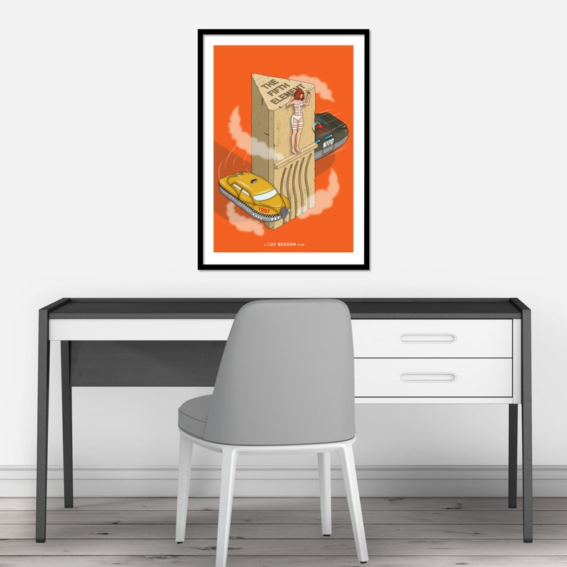 May include: A minimalist poster with an orange background featuring a stylized illustration of a scene from the movie "The Fifth Element". The illustration depicts a woman in a white outfit standing on a tall, rectangular stone structure with the words "The Fifth Element" written on it. A yellow taxi and a black spaceship are flying around the structure.