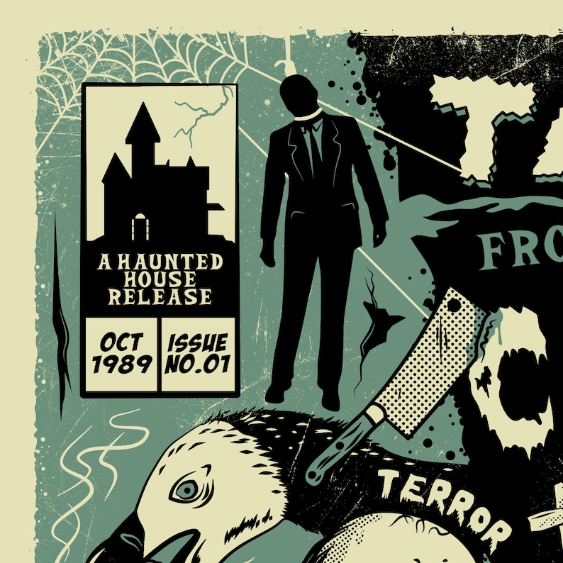 K&ouml;nnte beinhalten: Eine Schwarzwei&szlig;illustration eines Spukhauses mit einem Blitz, einem Mann im Anzug, einem Vogel mit einem Messer und dem Text "A Haunted House Release, Oct 1989, Issue No. 01, Terror From The Crypt".
