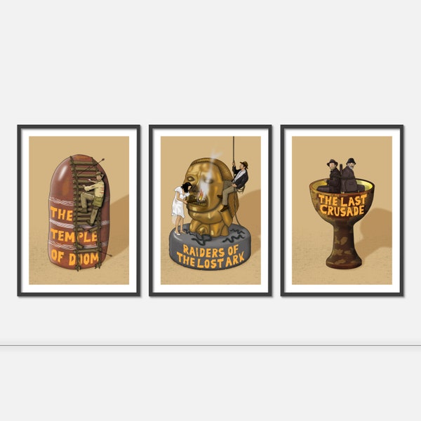 Indiana Jones movie posters- 3 print set-Original Artwork-Trilogy inspired- illustration