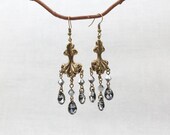 Chandelier Earrings, Silver Black, Vintage Style, Art Nouveau, Crystals