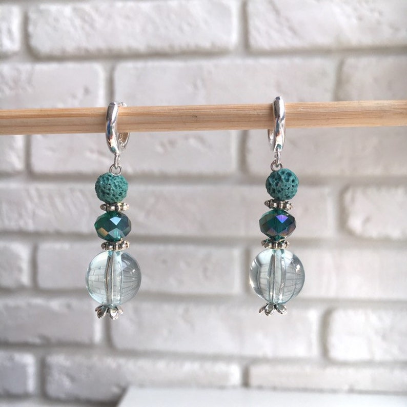 emerald Rockabilly Beads flower aquamarine Teal turquoise floral beaded hoop earrings jade cyan mint green blue Lava Volcanic Rock lucite