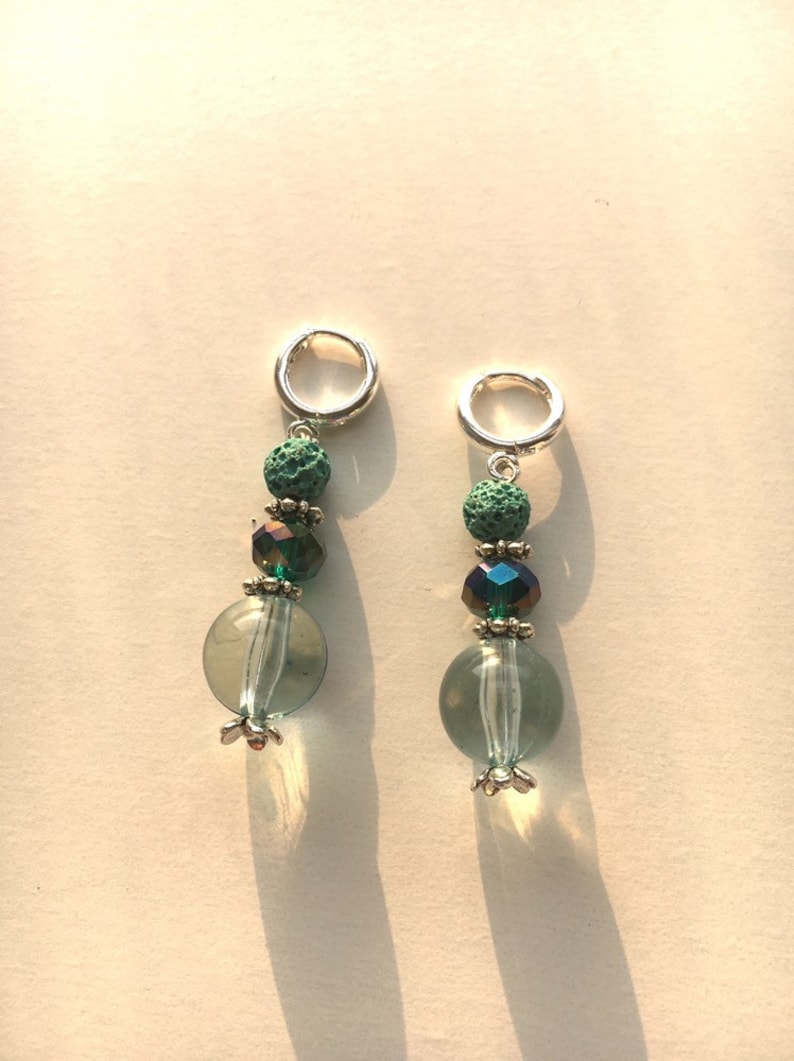 emerald Rockabilly Beads flower aquamarine Teal turquoise floral beaded hoop earrings jade cyan mint green blue Lava Volcanic Rock lucite