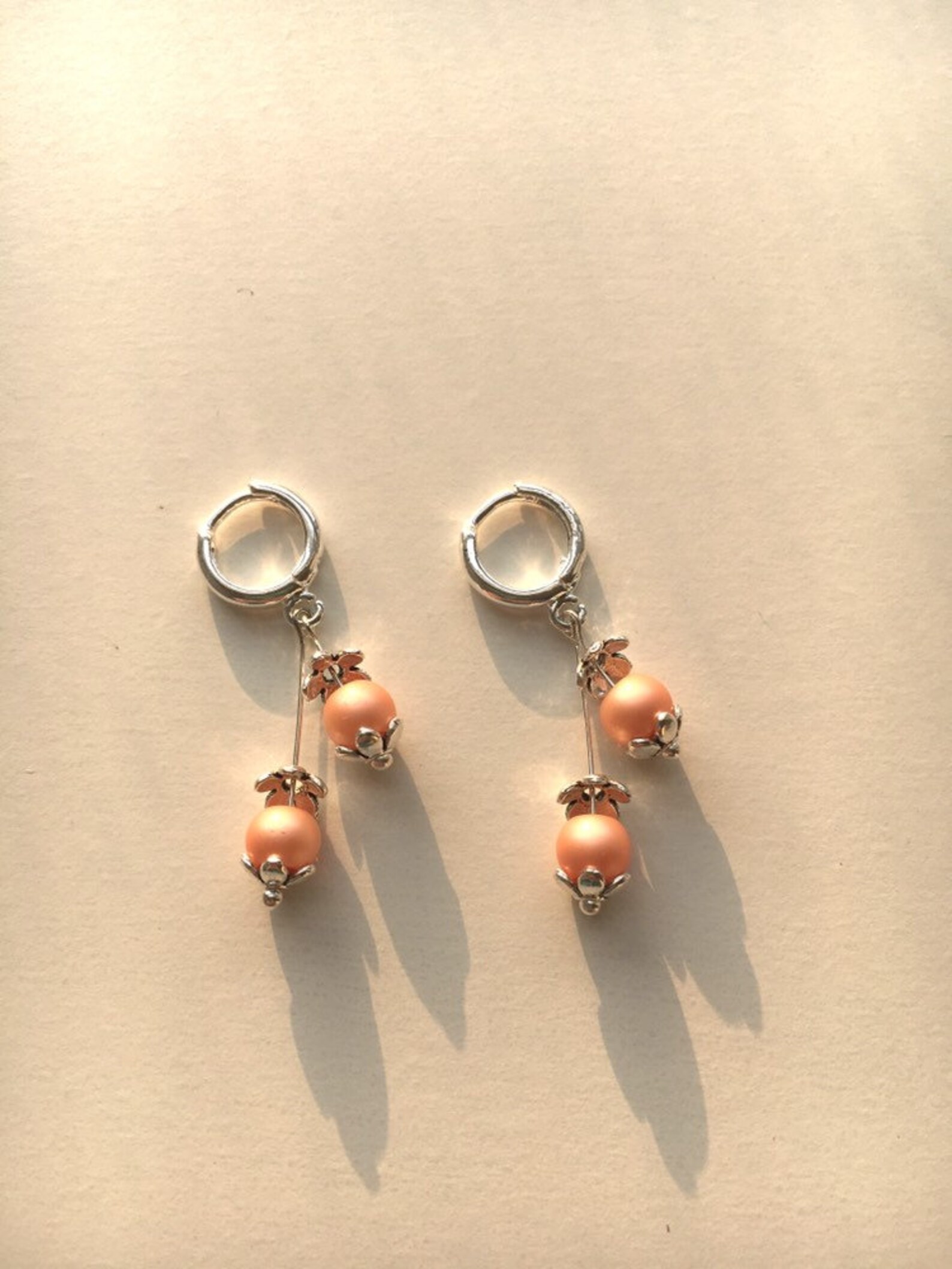 Peach pearl drop earrings. Delicate Swarovski floral pearls Etsy