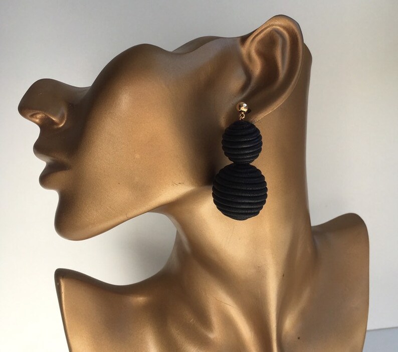 Oversize earring geo Black double balls earring golden studs Statement round hollow inside catching coiled coil Rockabilly chunky cluster