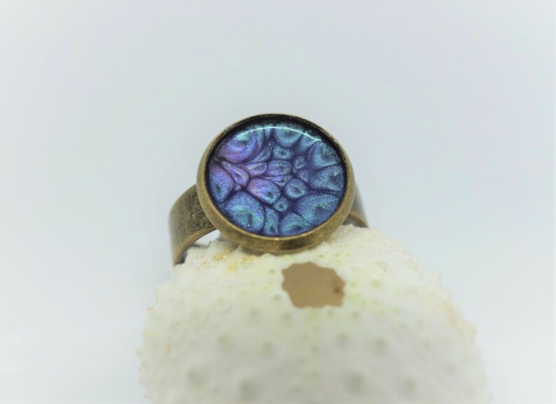 Bronze ring azuro feather Rustic. Peacock sapphire ring Witch bride woo galaxy space magical 3D effect Purple marble vintage style ring